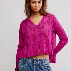 Free People Elodie Blouse Dragonfruit V Neck Balloon Sleeve Top